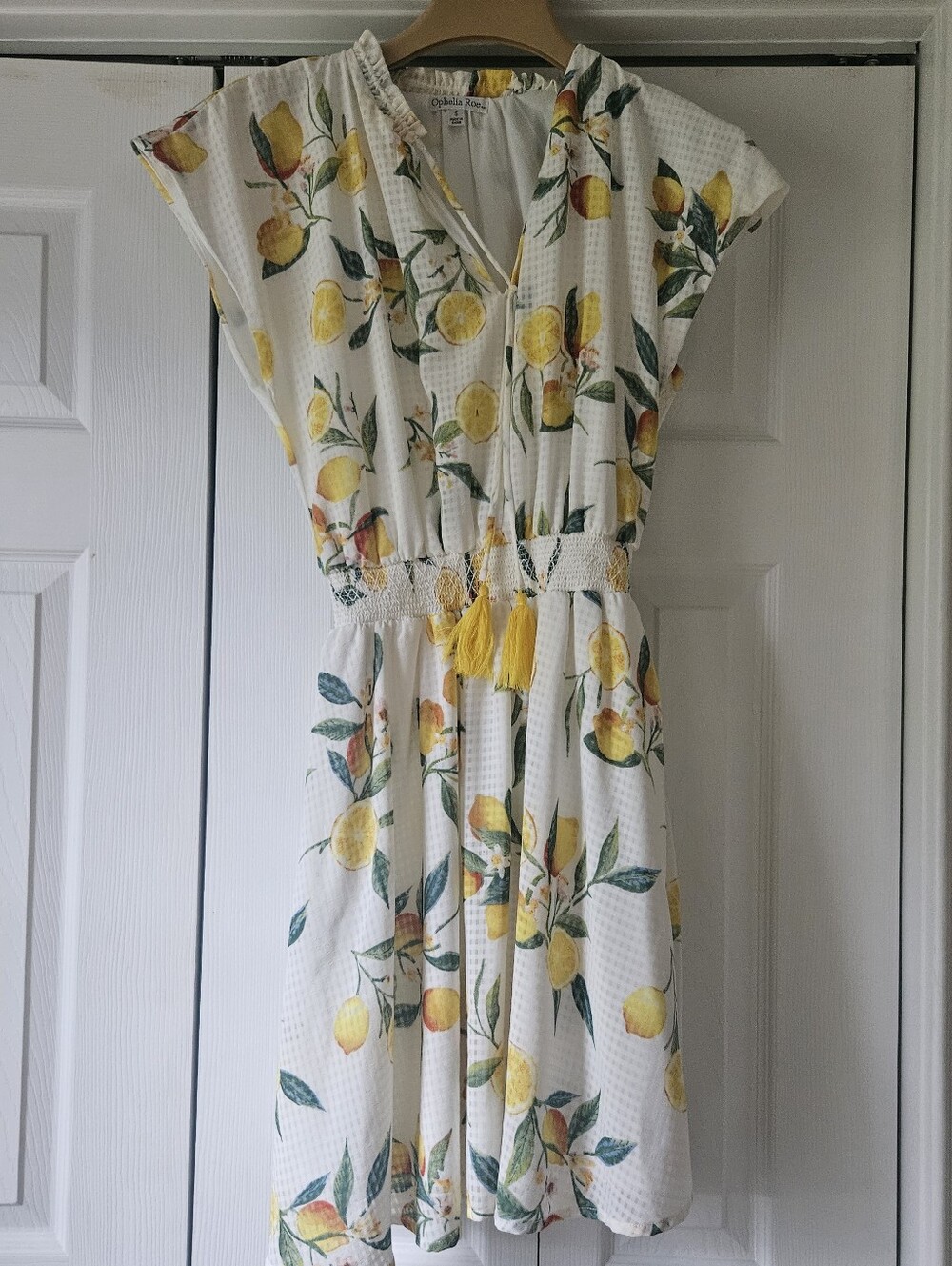 Ophelia Roe Women's Short Sleeve Chiffon Smocked Waist Lemon Print Dress Size S